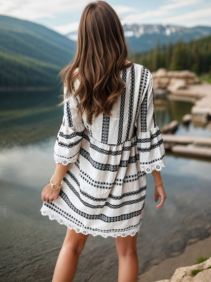 Lace Detail Printed Three-Quarter Sleeve Dress